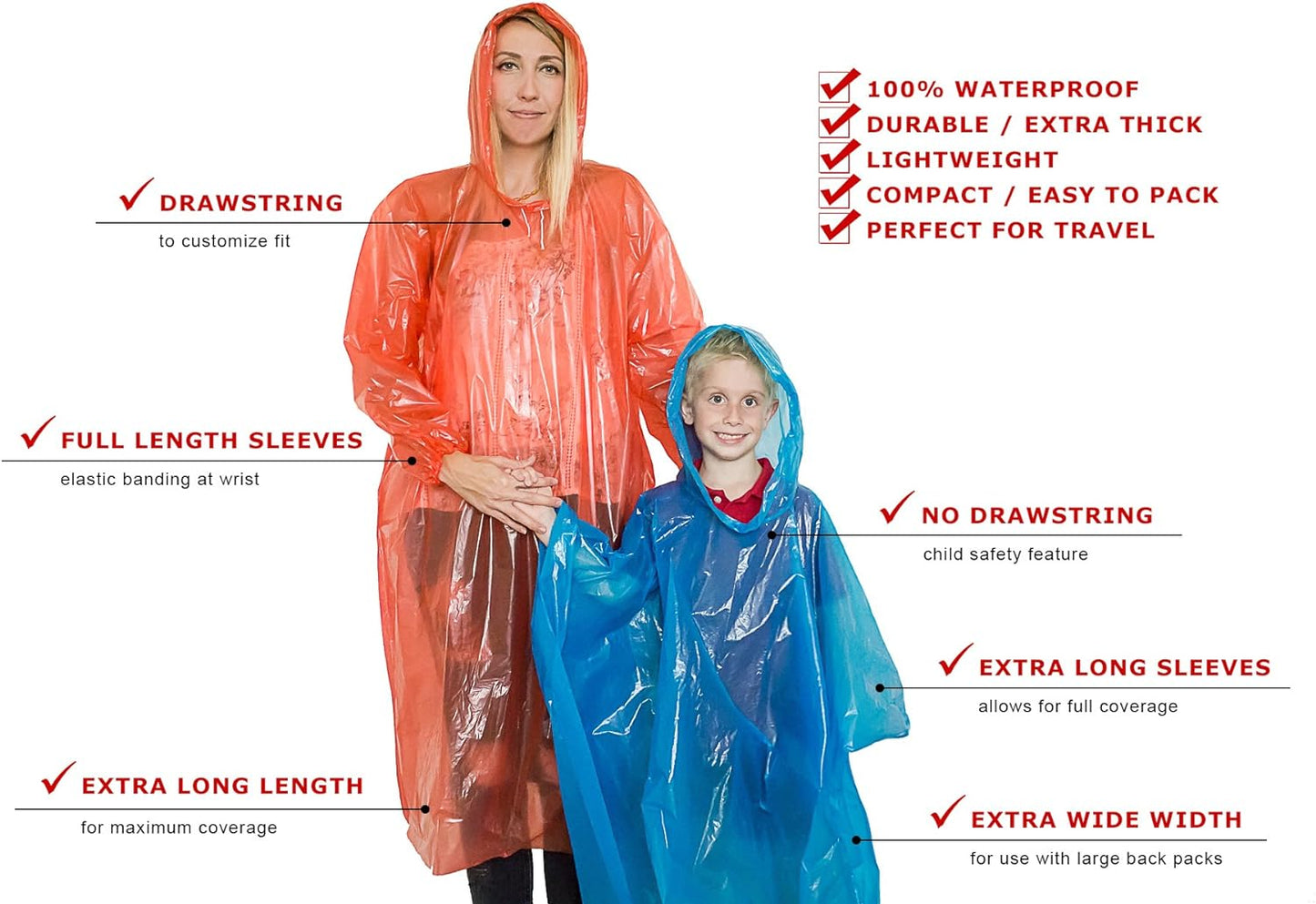 Rain Ponchos Family Pack - Emergency Drawstring Hood Poncho for Children & Adults Lightweight Reusable or Disposable