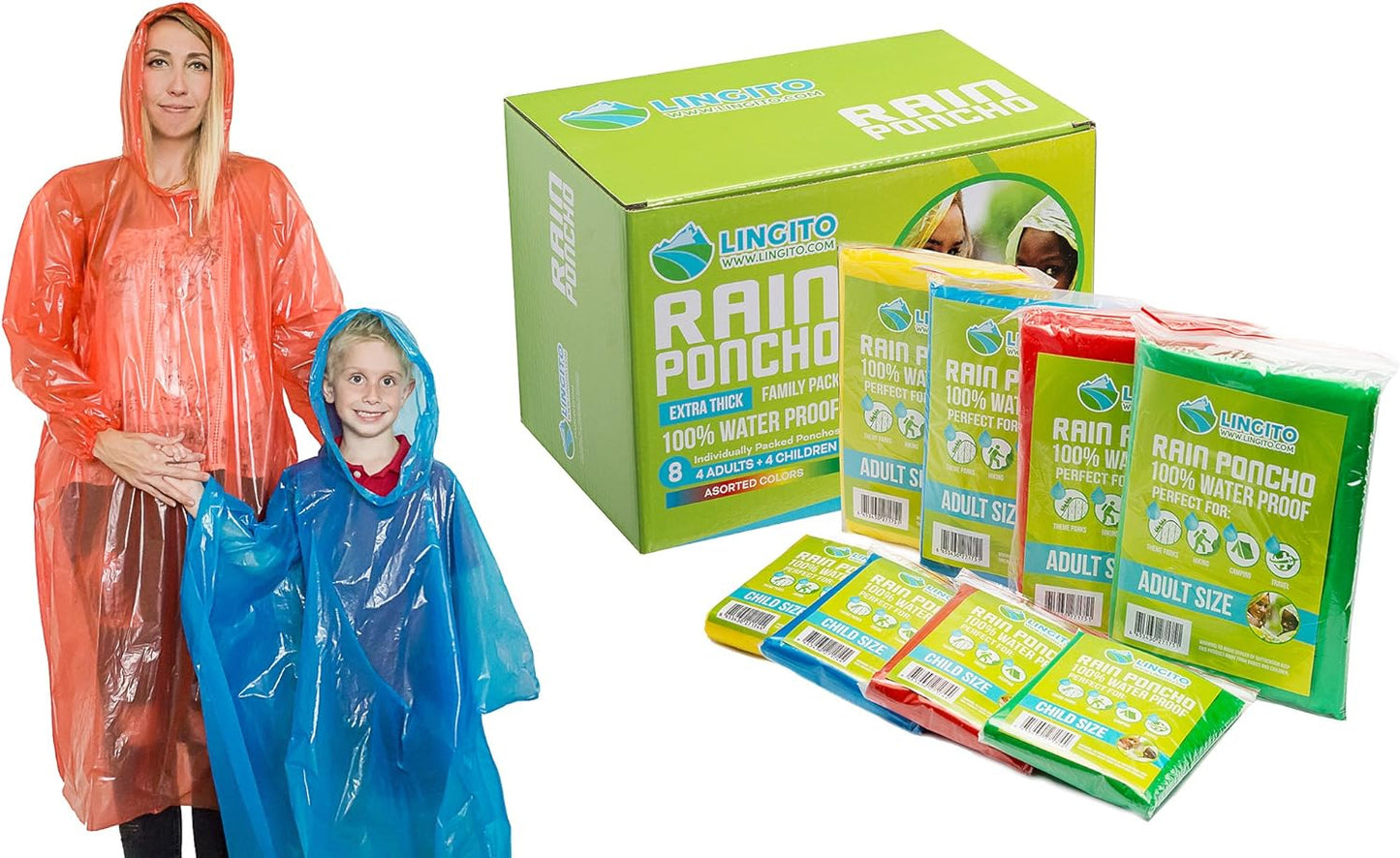 Rain Ponchos Family Pack - Emergency Drawstring Hood Poncho for Children & Adults Lightweight Reusable or Disposable