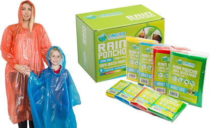 Rain Ponchos Family Pack - Emergency Drawstring Hood Poncho for Children & Adults Lightweight Reusable or Disposable