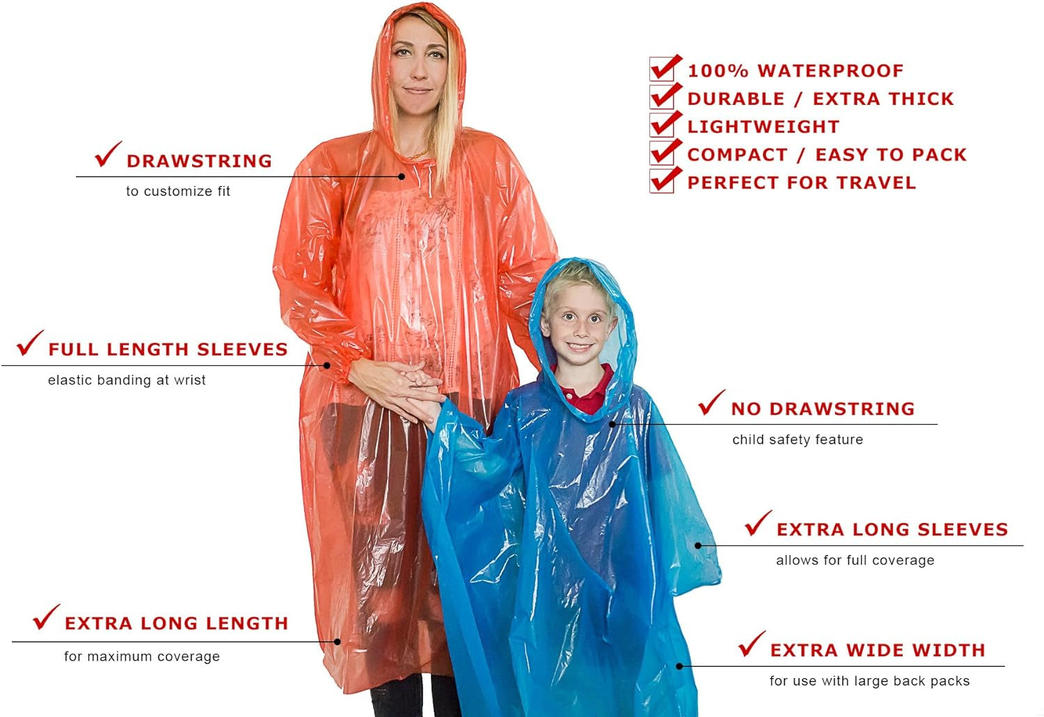 Rain Ponchos Family Pack - Emergency Drawstring Hood Poncho for Children & Adults Lightweight Reusable or Disposable