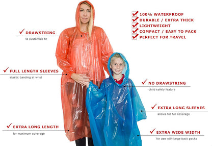 Rain Ponchos Family Pack - Emergency Drawstring Hood Poncho for Children & Adults Lightweight Reusable or Disposable