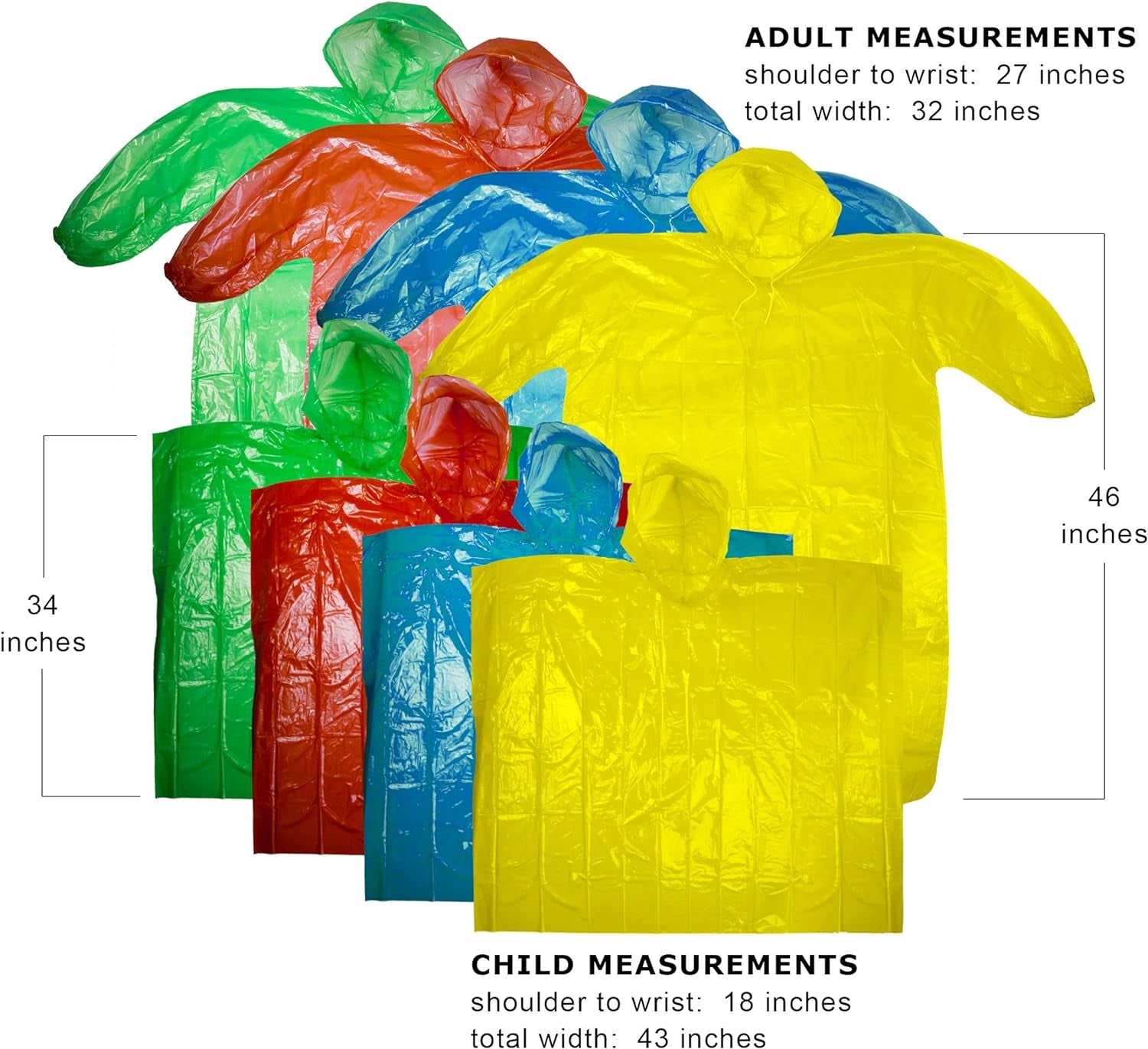 Rain Ponchos Family Pack - Emergency Drawstring Hood Poncho for Children & Adults Lightweight Reusable or Disposable